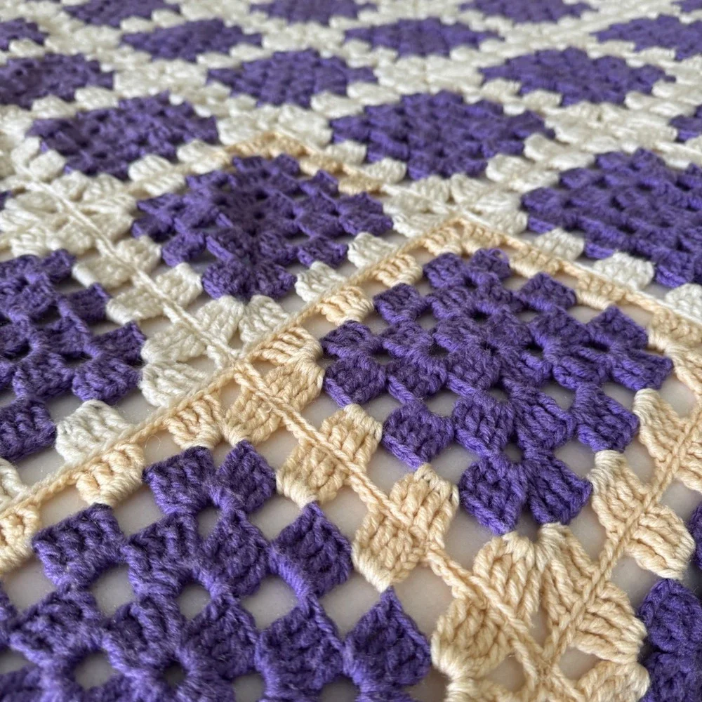 Vintage Handmade Crochet Granny Square Blanket Purple Cream Tassel Fringe King
